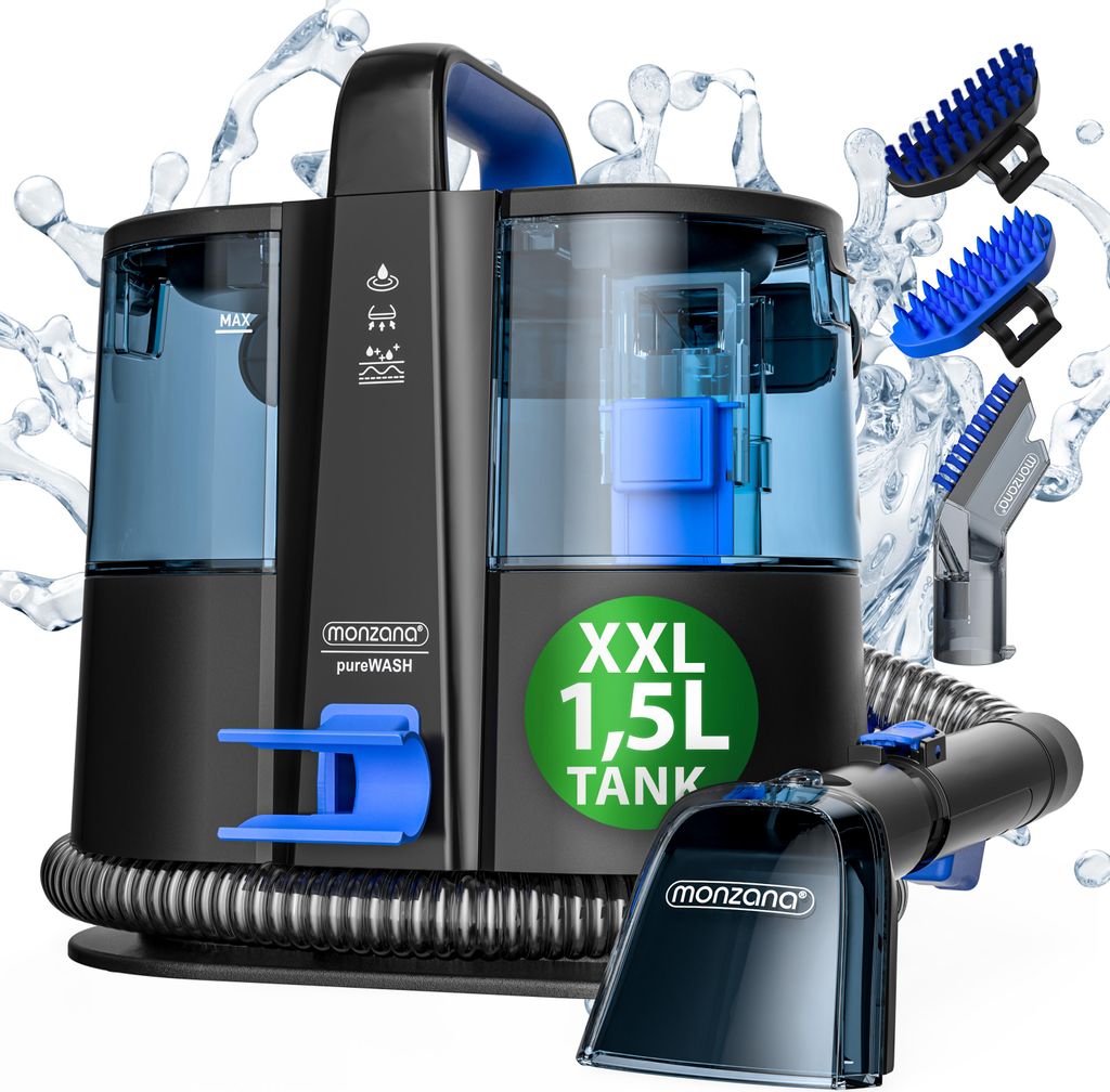 MONZANA Waschsauger Polsterreiniger Gerät mit 2-in-1 Bürstenaufsatz für Teppiche & Polster 1,2 m Schlauch & 5,5 m Reichweite Nasssauger Teppic...