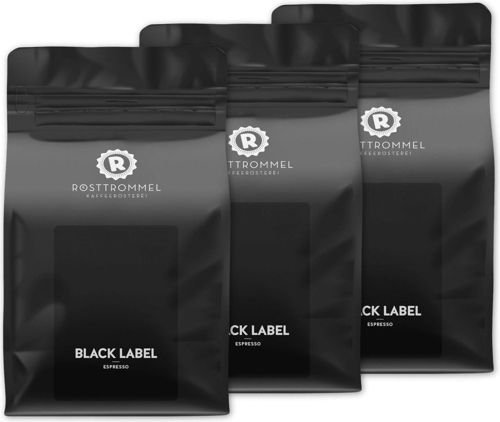 RÖSTTROMMEL BLACK LABEL - Special Blend ESPRESSO, Ganze Kaffee-Bohnen 3x1kg, 50% Arabica, 50% Canephora, Röstung 8.5/10, 50% Brasilien, 50% Indie...