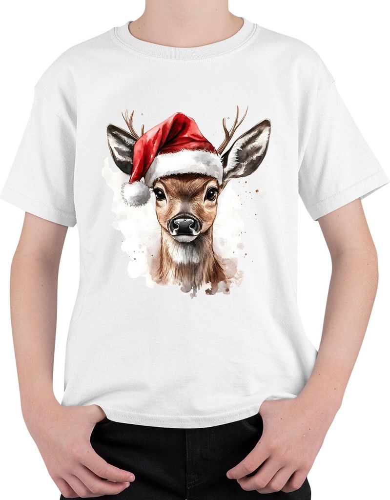 Rehkitz Santa Hut Weihnachten Aquarell festlich Geschenk Retro Uni Kinder T-Shirt, Weiß, 128
