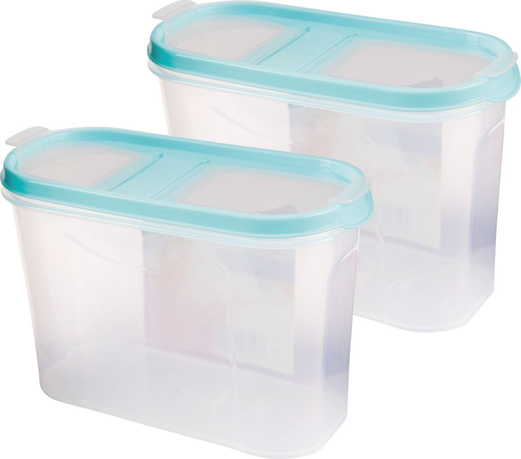 Two clear plastic food storage containers with turquoise lids are shown against a white background.