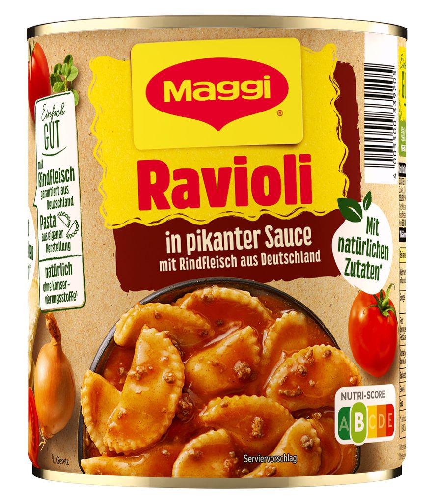 A close-up product shot of a can of Maggi Ravioli in piquant sauce.
