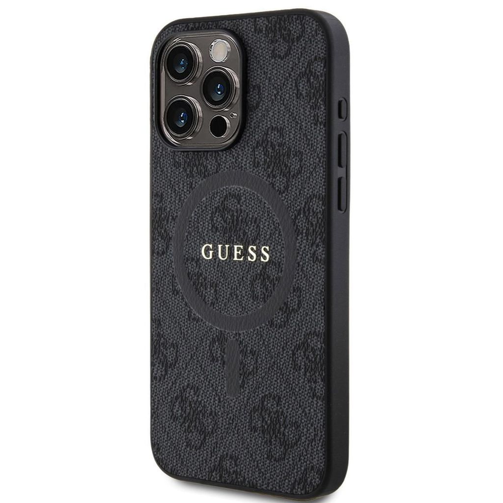 A black Guess branded iPhone 15 Pro Max case with a MagSafe ring.