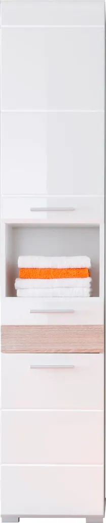 Meuble haut de salle de bain pour petit espace blanc brillant et bois