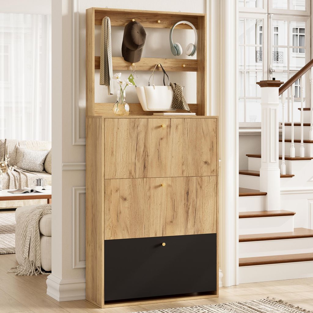 Merax Schuhschrank mit 3 Klappen und 8 Haken, Schmaler Schuhregal, Holz Schuhkipper mit Stauraum, moderner Schuhschrank für Flur, Natur+Schwarz