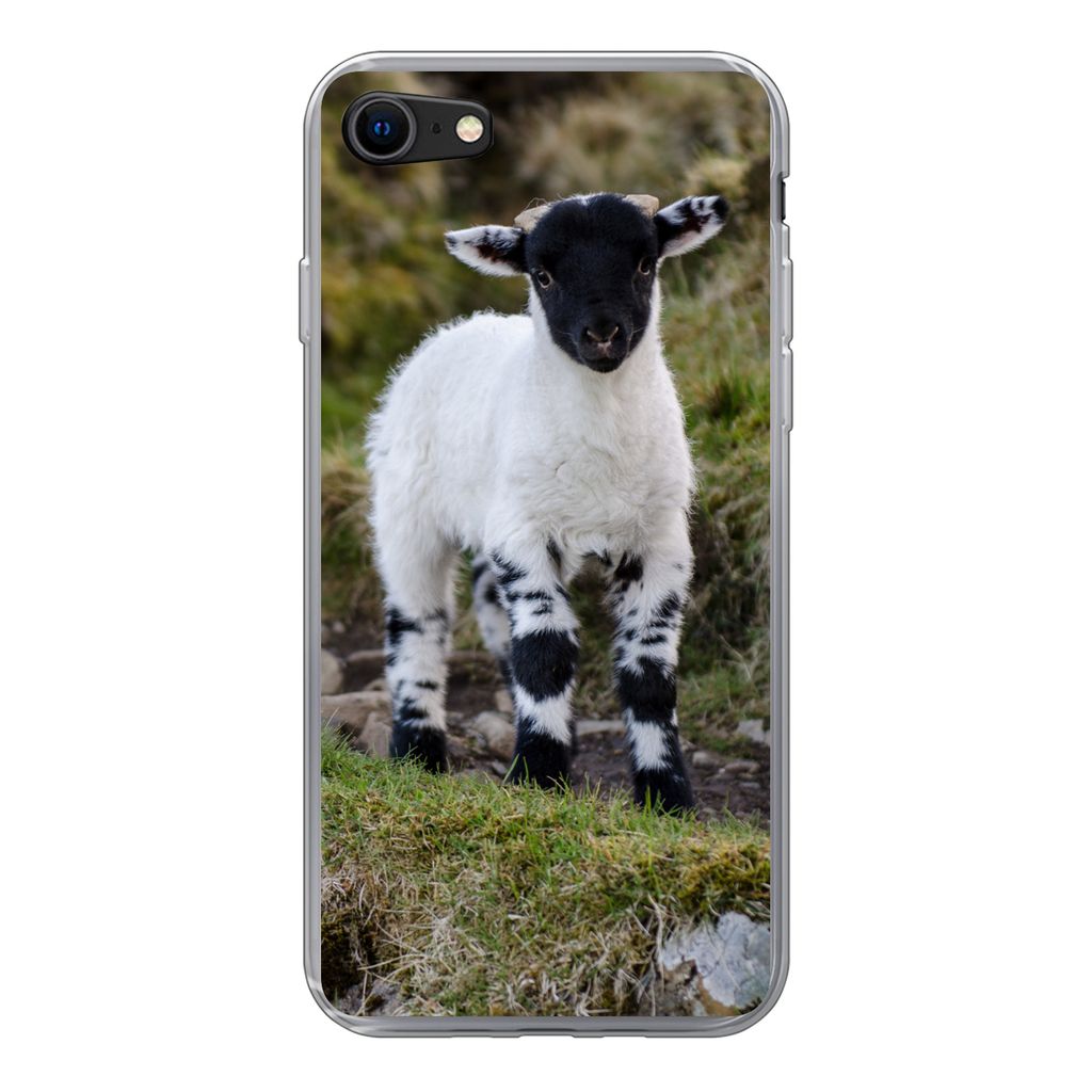 MuchoWow Handyhülle Schutzhülle Hülle für iPhone 7 Lamm - Schwarz - Weiß - Tupfen Silikon Softcase Handy Hülle - Kartenhalter