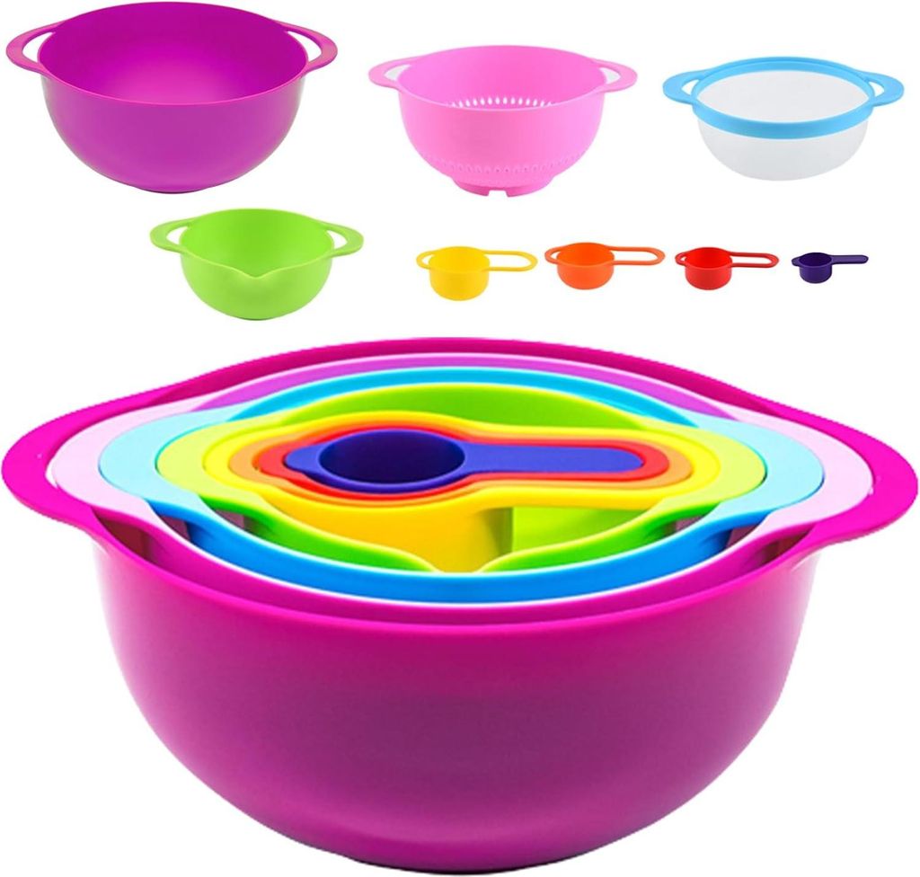 8-teiliges multifunktionales Gemüsespülset mit Sieb - Abtropfschüssel - Misch- und Messbecher - stapelbar - Rührschüsseln