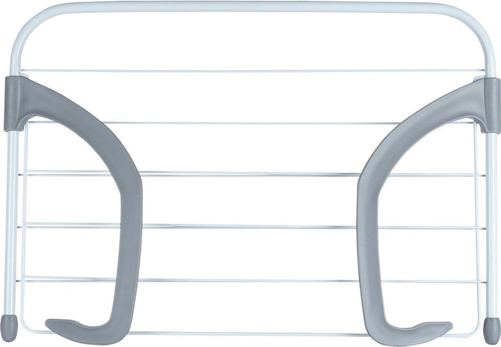 A white metal radiator drying rack with gray plastic grips.