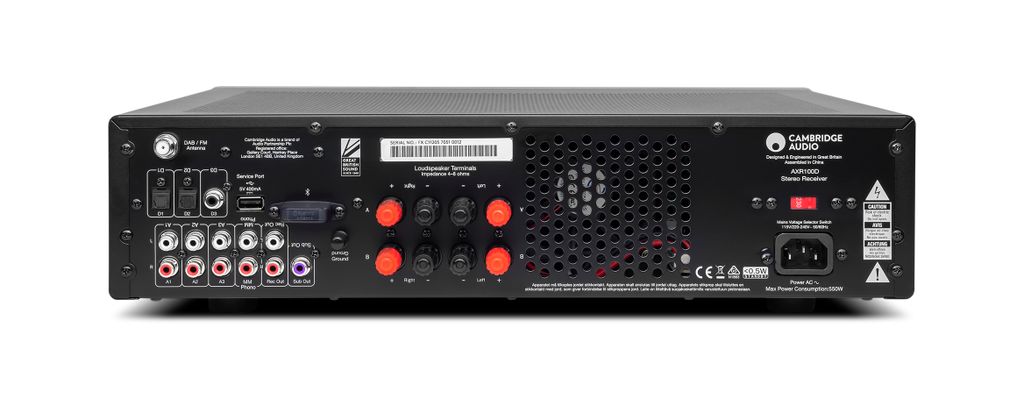 The back panel of a black audio receiver is shown against a white background.