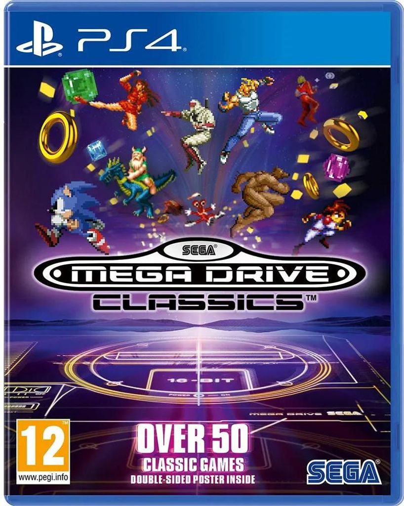 The image is a video game cover for Sega Mega Drive Classics on PS4. It features various characters from Sega games, rings, and gems against a dark, starry background with a circular grid design.