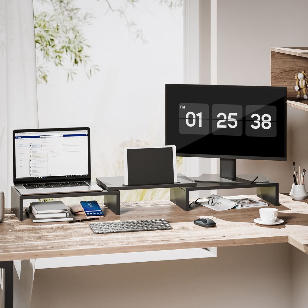 Dual-Monitor Ständer Aus Holz – Verstellbar Von 81-140 Cm, Trägt Bis 36 Kg, Höhenverstellbar Für Ergonomisches Arbeiten