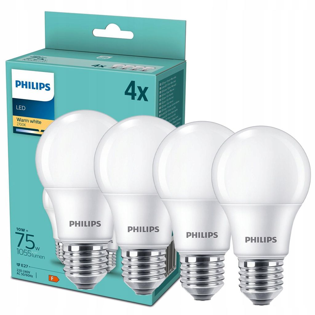 Philips Żarówka bańkowa 75 W A60 E27 x4, 10,5 W, 75 W, E27, Zdjęcie produktu 