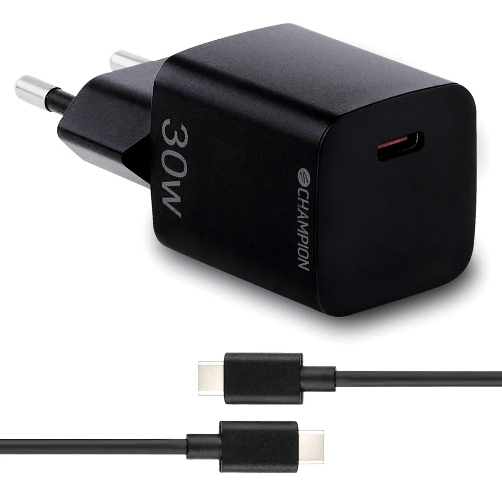 Chargeur rapide 30W USB-C compact noir avec câble tressé haute vitesse