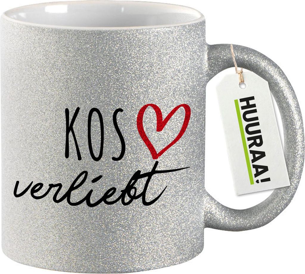 Huuraa Glitzertasse Kos verliebt 330ml Silber Keramik Kaffeebecher Geschenkidee