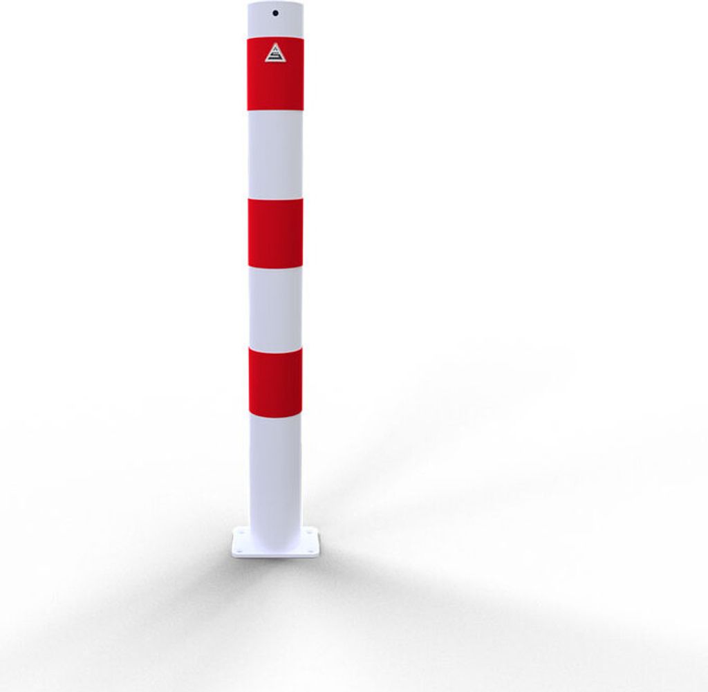 Schake Absperrpfosten ortsfest zum Einbetonieren mit Erdanker aus Stahlrohr verzinkt Ø89x2,5mm weiß mit rot reflektierenden Leuchtstreifen und St...