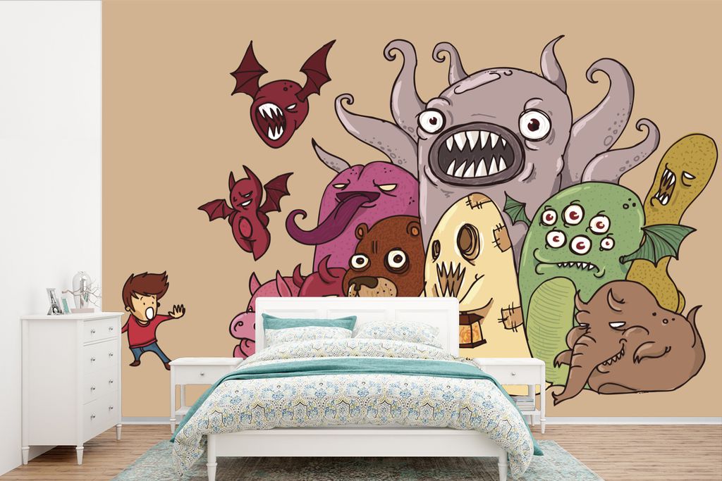 MuchoWow Fototapete für Wohnzimmer oder Schlafzimmer Wandtapete Vinyl Motivtapete Absurde Monster mit einem verängstigten Jungen - 450x300 cm -...