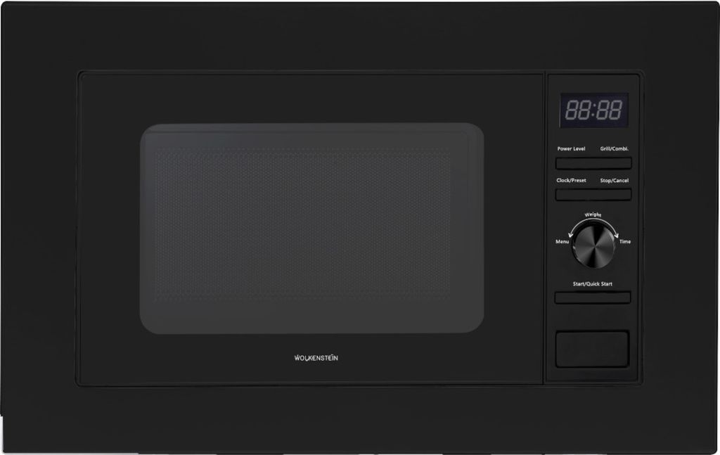 A close-up view of a black microwave oven, focusing on the front panel with its display and controls.