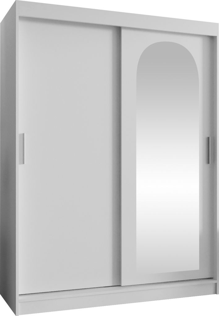 MIRJAN24 Kleiderschrank Selfie 150, Schwebetürenschrank mit zwei Kleiderstangen, Garderobe (Farbe: Weiß, Größe: 150 cm, mit Schubladen)