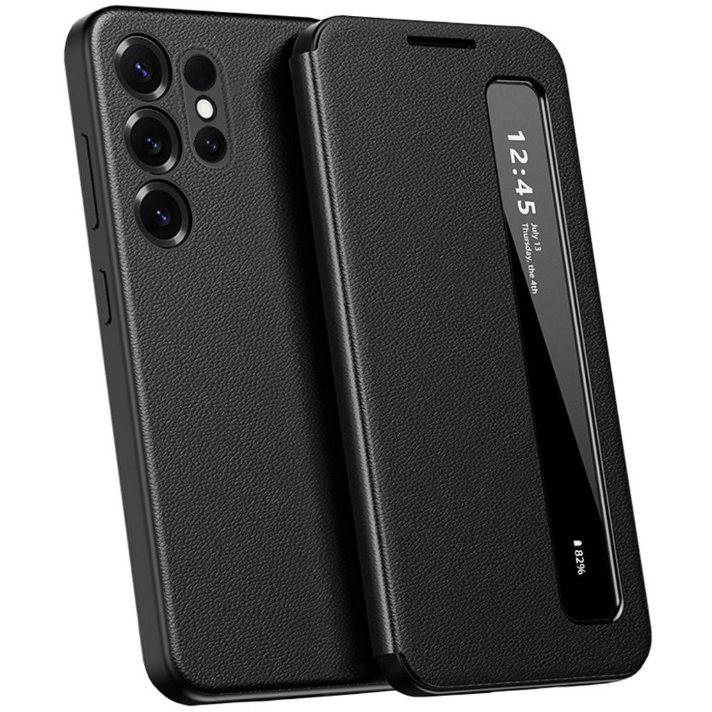 Kunstleder Hülle für Samsung Galaxy S25 Ultra, Intelligentes Handyhülle mit Smart Side Window Schwarz