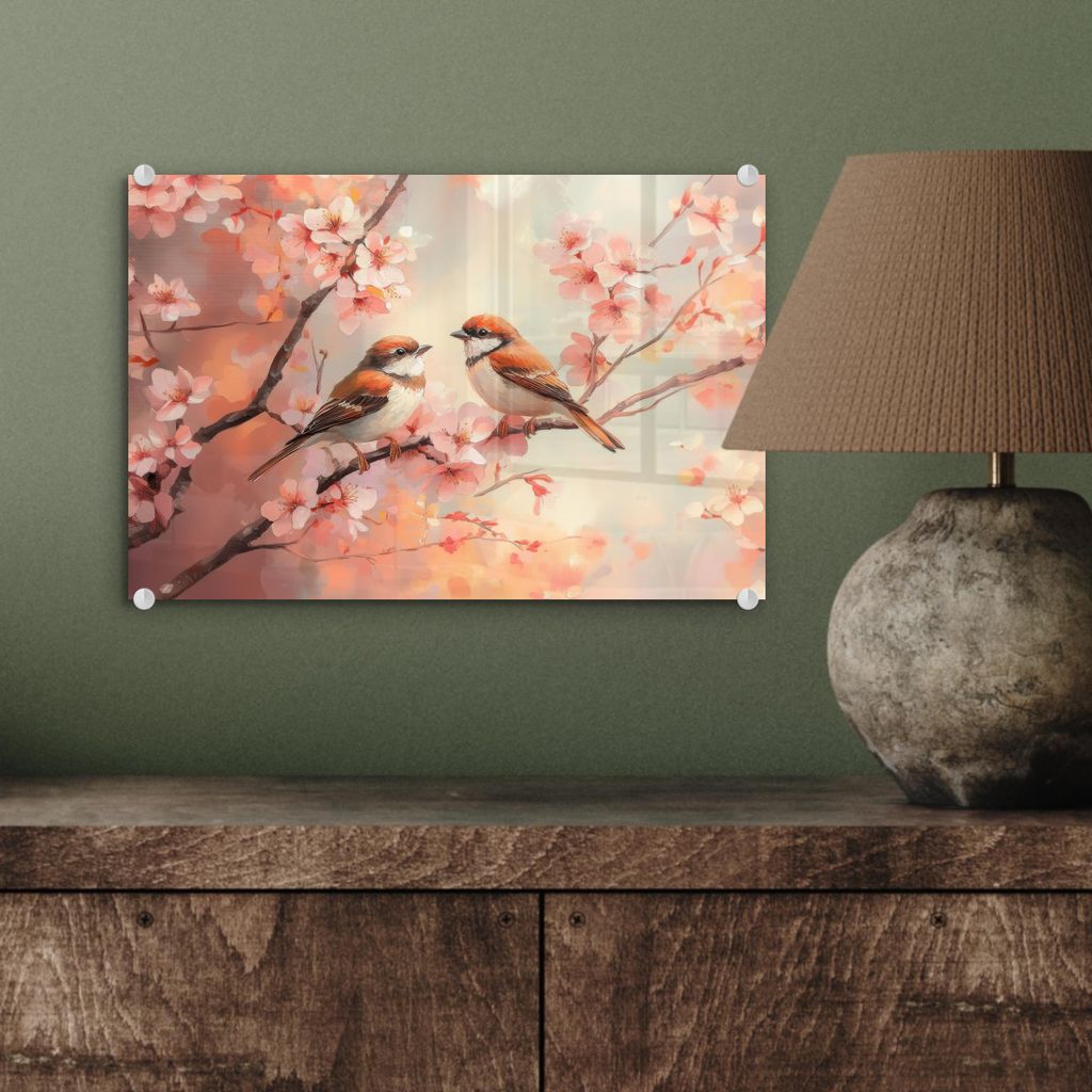 MuchoWow Glasbilder - Bilder auf Wandbild - Foto auf Glas Vögel - Romantisch - Blühende Zweige 30x20 cm Wanddekoration aus Glas - Acrylglasbild -...