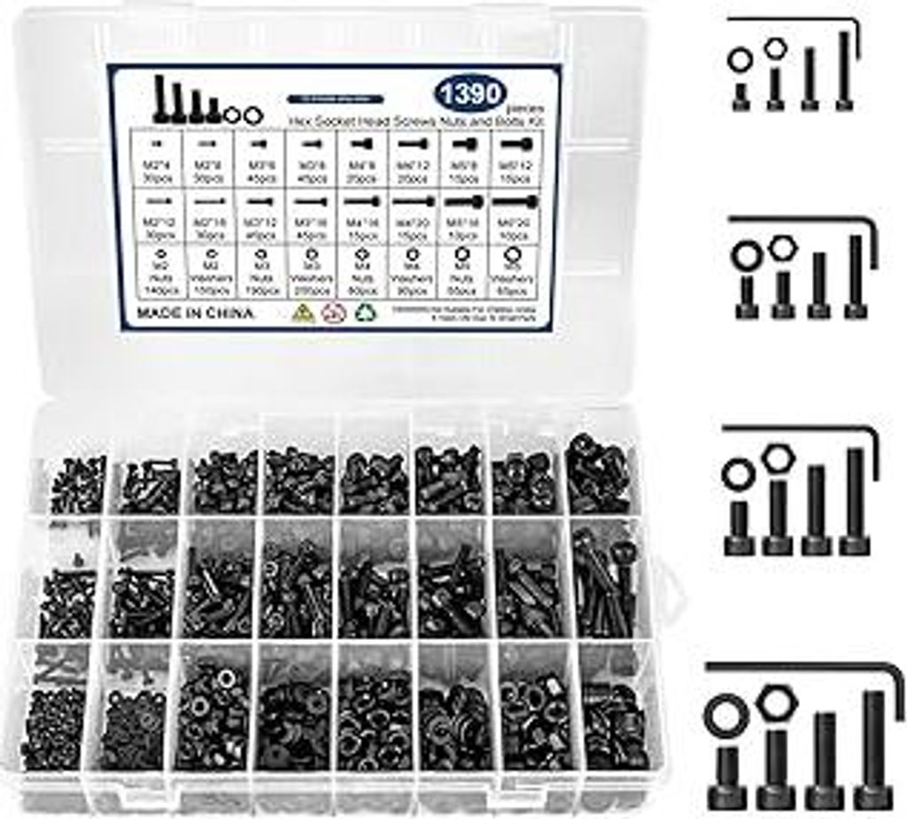 1390 Stück M2 M3 M4 M5 Schrauben Set - Schrauben und Muttern Sortiment Set, Sechskantschrauben Set mit Aufbewahrungsbox - Hochwertiges Sortiment f...
