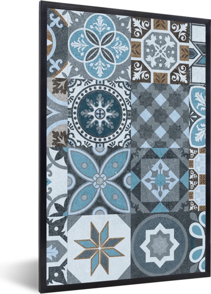 MuchoWow Gerahmtes Poster Design - Blume - Blau - Figuren 20x30 cm - Poster mit Schwarzem Bilderrahmen Wandposter Rahmen Foto Bilder - Drucken - ...