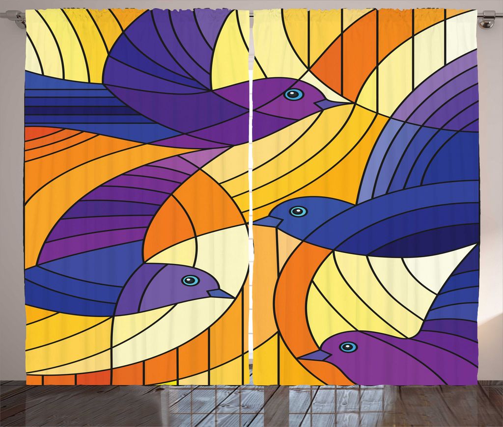 ABAKUHAUS Vögel Rustikaler Vorhang, Polygonal Inspired Shapes, Wohnzimmer Universalband Gardinen mit Schlaufen und Haken, 280 x 225 cm, Indigo Dar...