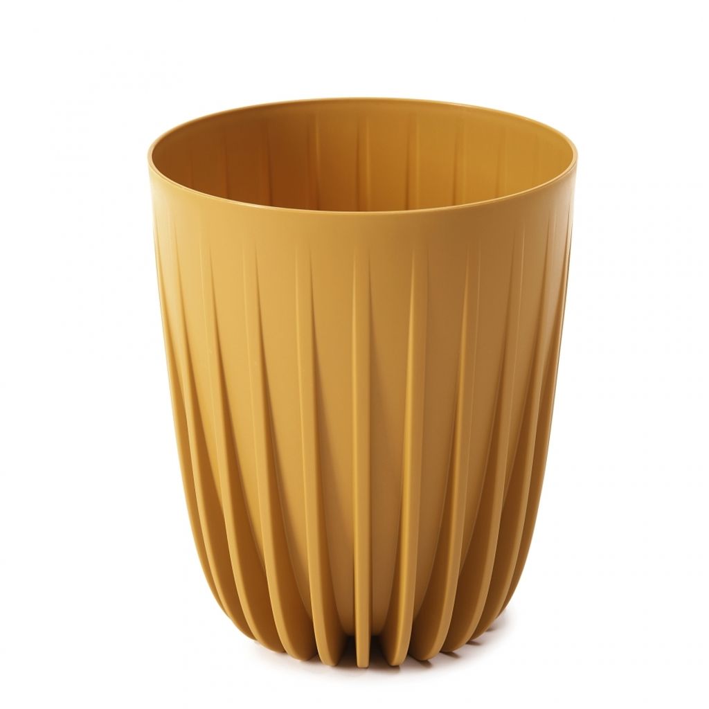 A mustard-colored planter pot with a ribbed texture, shown against a white background.