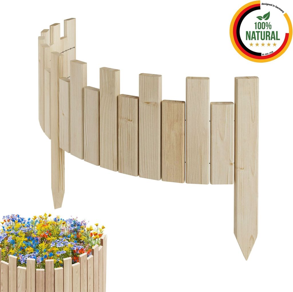 Floranica Beeteinfassung Rasenkante Holz Rollzaun Holzzaun 100 x 20 cm Unbehandelt unimprägniert Flexible Rollborder Palisade Gartenzaun