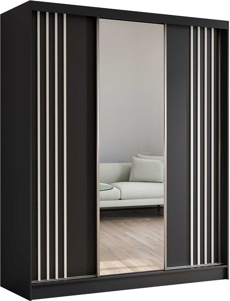 AGMAT Schwebetürenschrank Lugo, Kleiderschrank mit 3 Türen und Spiegel und 2 Schubladen, Moderne Garderobe in Farbe: Schwarz / Schwarz, Schrank i...