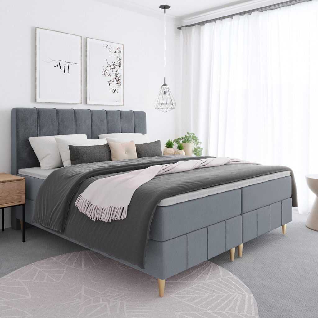 Bett, Boxspringbett BEGI - auf hohen Beinen mit Taschen-Matraze, T25 Topper, Bettkästen, Doppelbett, Stauraum, 140x200 cm, (Dunkelgrau - ITAKA 14)