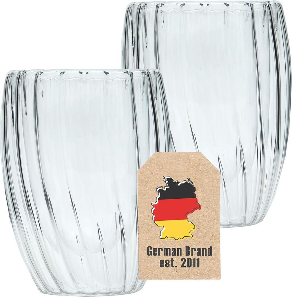 Intirilife 2x Doppelwandiges Thermo Glas - Striped Style - 210ml Füllmenge - Mundgeblasen isoliert für Latte Macchiato, als Teeglas oder Kaffeegl...