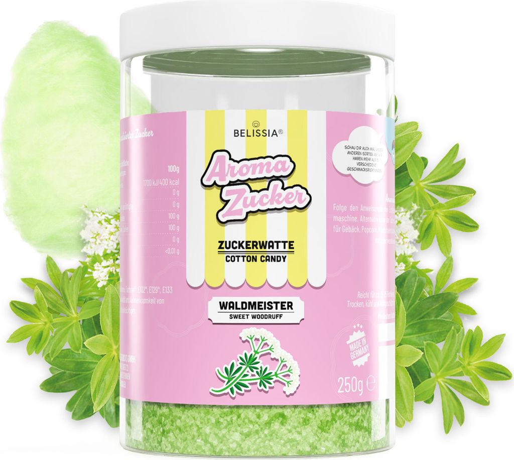 Belissia Aroma Zucker - Waldmeister - 250 g Aromatisierter Zucker für Zuckerwatte, Backen, Desserts, Slush & mehr - Farbig, Intensiv, Vielseitig