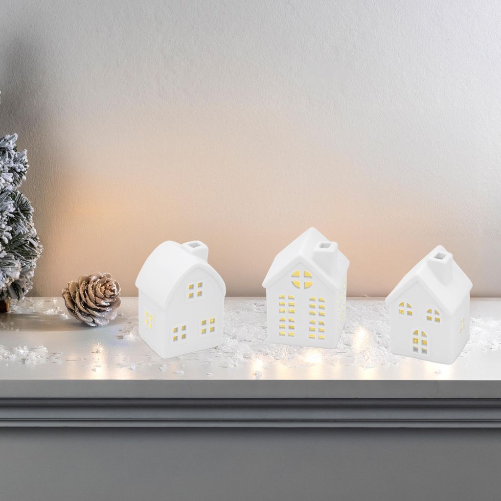 LED Keramik Haus weiß 9 cm - 3er Set