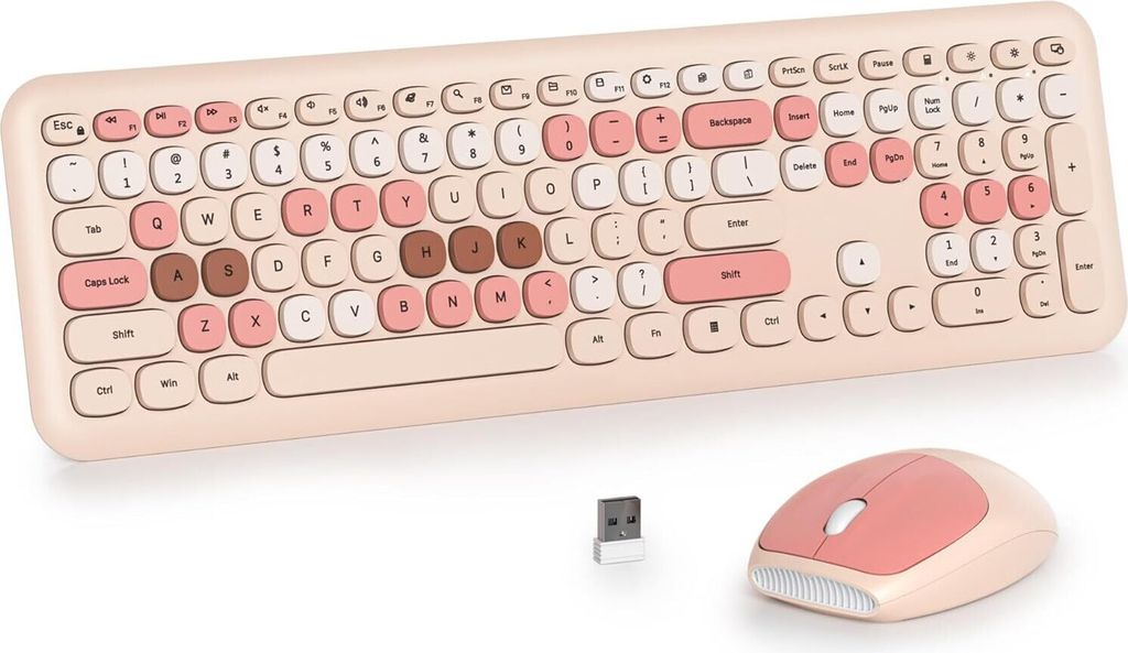 SOLIDEE Buntes kabelloses Tastatur- und Maus-Kombination, 2.4GHz Retro Schreibmaschine Tastatur, 104 Tasten mit Ziffernblock, leise Membran-Tastatur