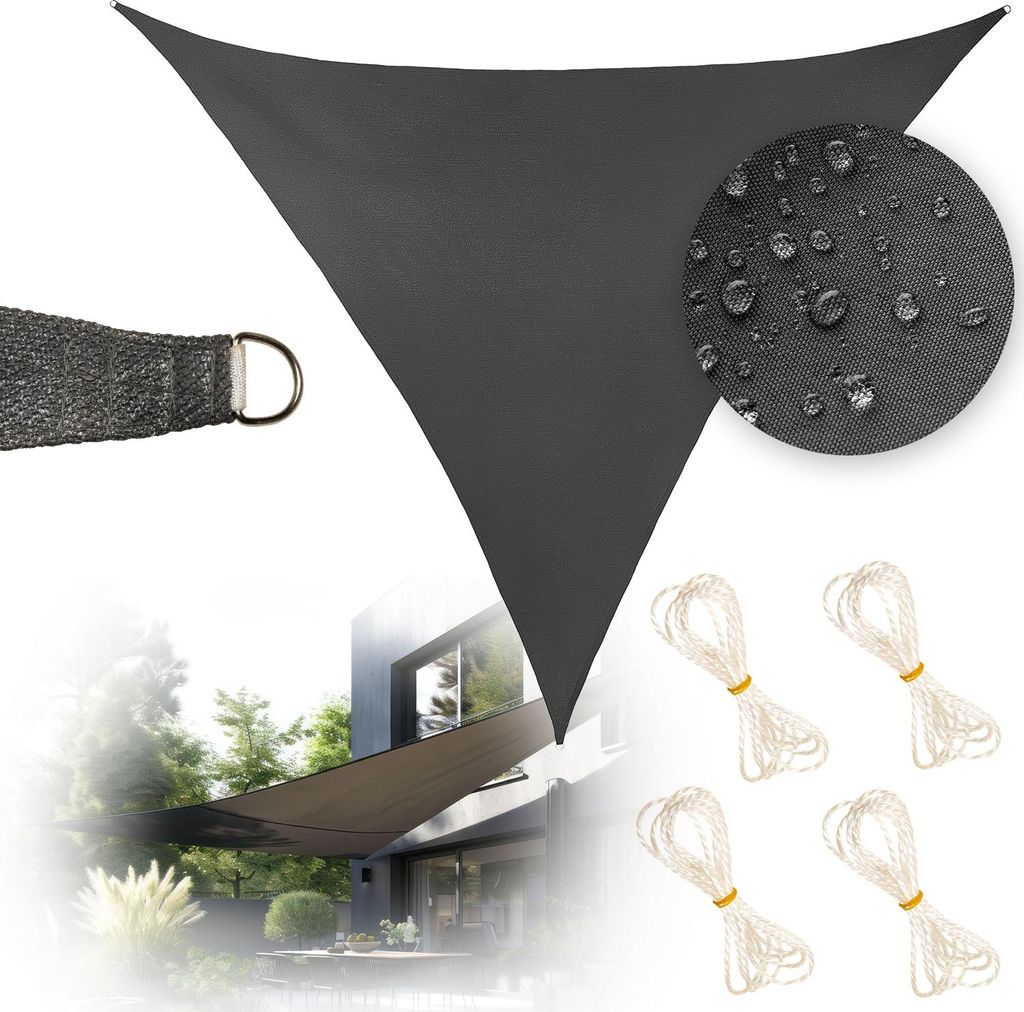 Outtec Sonnensegel 4x4x4 m mit UV Schutz - inkl. Befestigungsseilen und Tasche - Wasserdicht - Dreieckig - Sonnenschutz Segel - Grau
