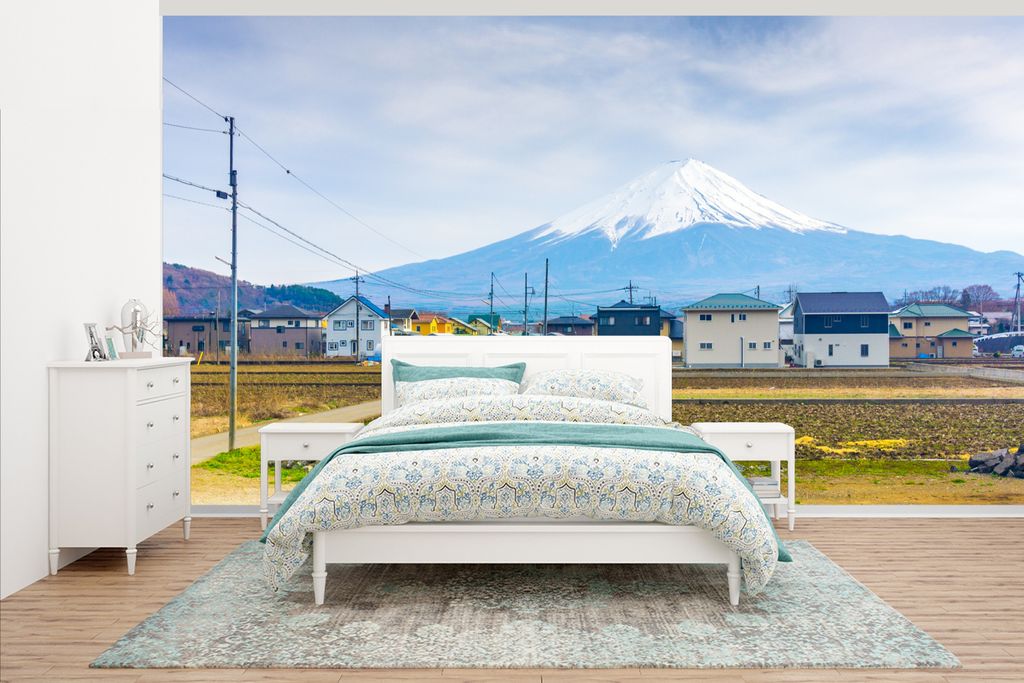 MuchoWow Fototapete für Wohnzimmer oder Schlafzimmer Wandtapete Vinyl Motivtapete Die Landschaft mit Häusern vor dem Berg Fuji in Japan - 430x2...