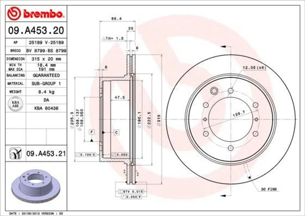 Pièce de freinage Hyundai Terracan HP : Disque Brembo 09.A453.21 d'origine