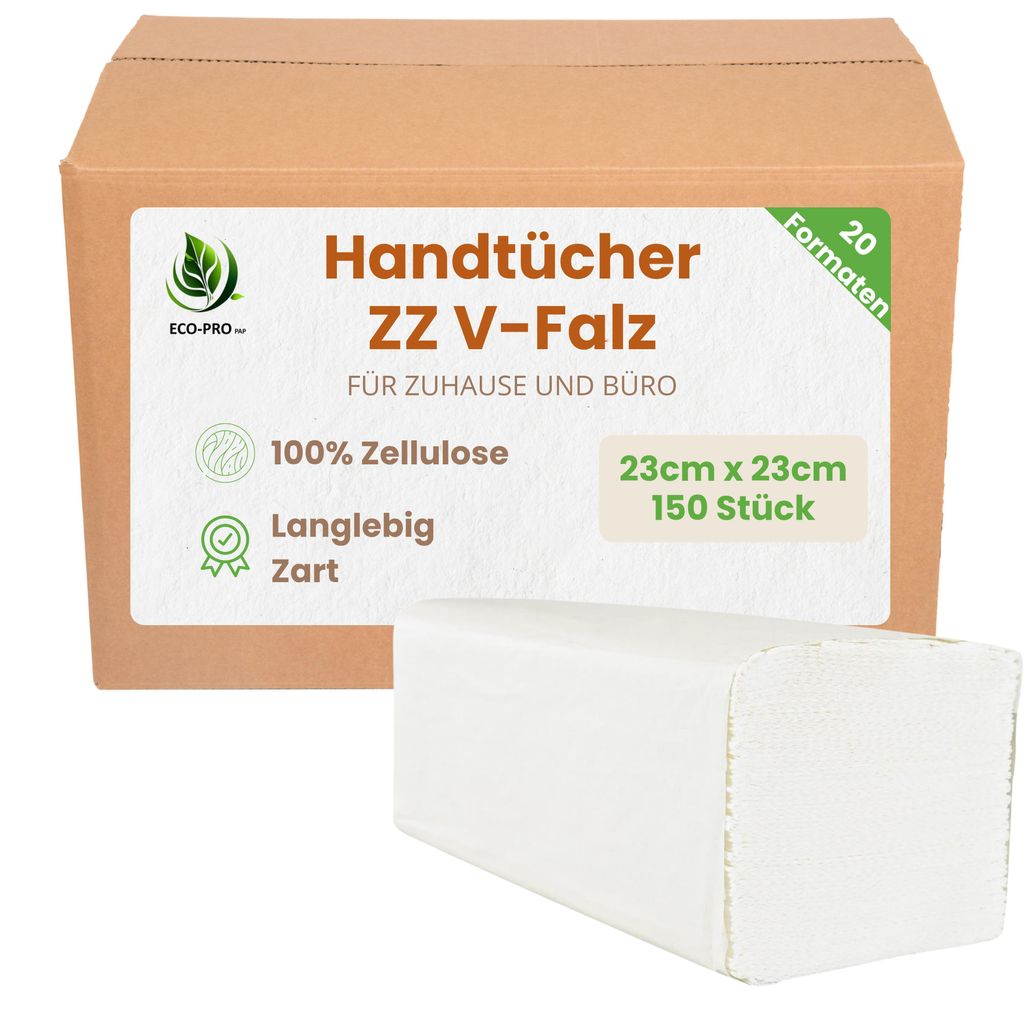 ECO - PRO PAP - Handtücher ZZ V-Falz 23cm x 23cm, Papiertücher aus 100%Zellstoff, Falthandtücher ideal für Zuhause und Büro, Langlebig und Zar...