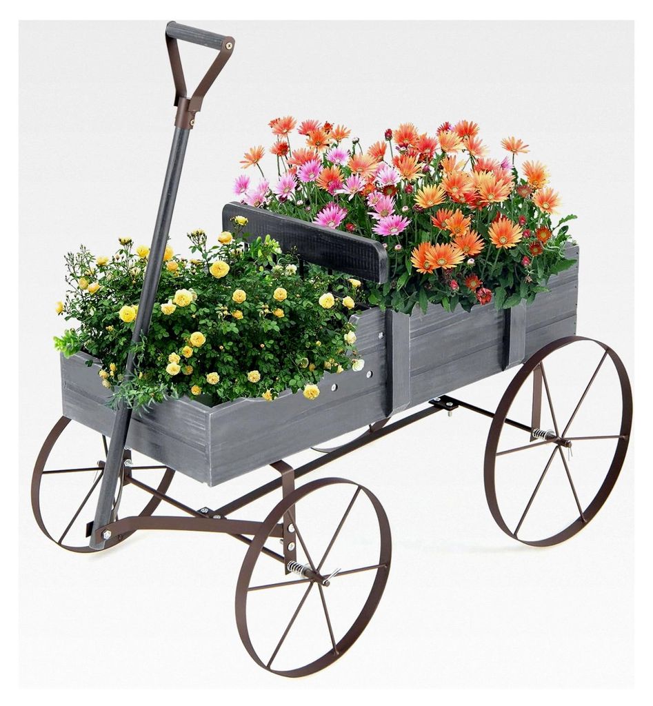 Blumenwagen aus Holz mit 4 Metallrädern, Griff und 2 Fächern, Pflanzschubkarre für Garten, Balkon und Terrasse, 62x34x60cm (Grau)