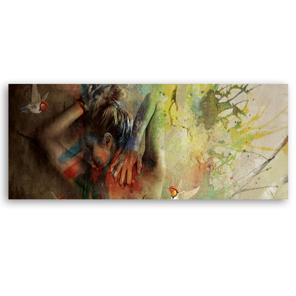 Leinwandbild Frau und Kolibris 90x30 Feeby Bunt bild für die wand bereit zum aufhängen