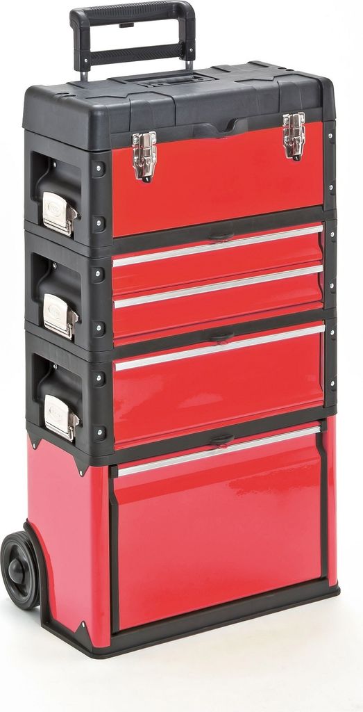 A red and black rolling tool chest with multiple drawers and compartments, shown against a white background.