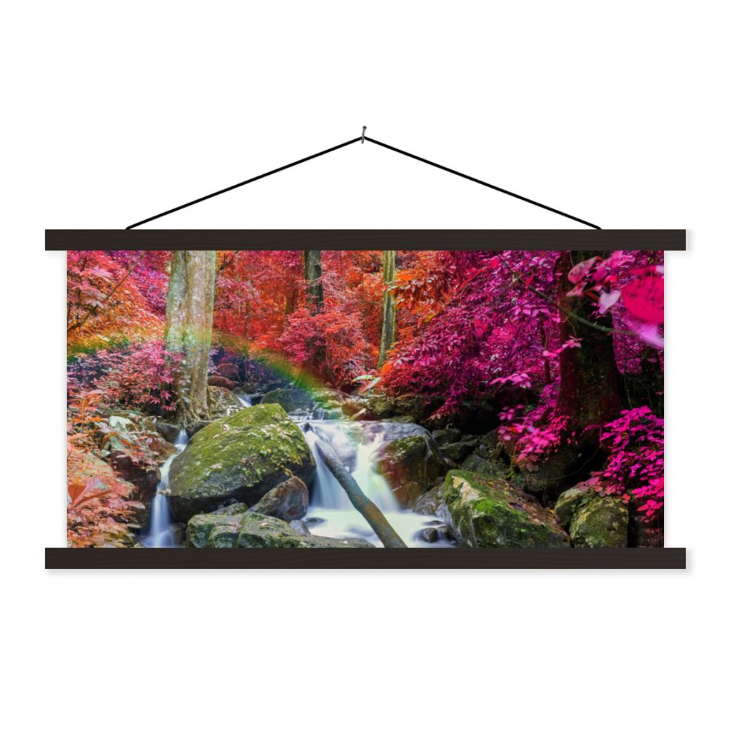 MuchoWow Textilposter Regenbogen - Wasserfall - Bäume - Steine - Moos 60x30 cm mit schwarzem Rahmen - Textilien
