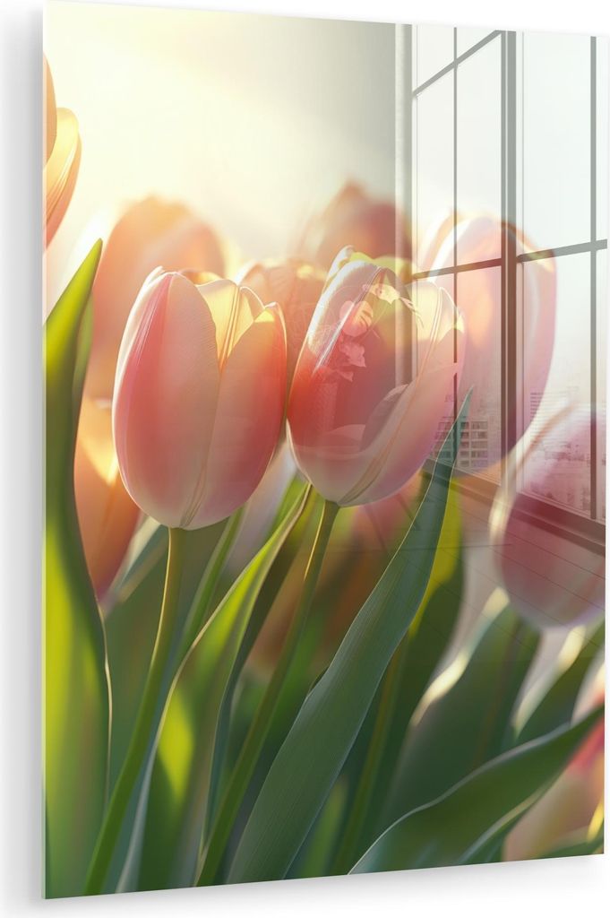MuchoWow Glasbilder - Bilder auf Wandbild - Foto auf Glas Tulpen - Rosa - Sonnenstrahlen 30x40 cm Wanddekoration aus Glas - Acrylglasbild - Acrylbi...