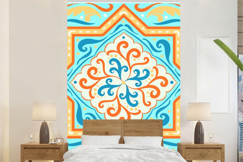 MuchoWow Fototapete für Wohnzimmer oder Schlafzimmer Wandtapete Vinyl Motivtapete Formen - Orange - Blau - 195x300 cm - Das Hintergrundbild