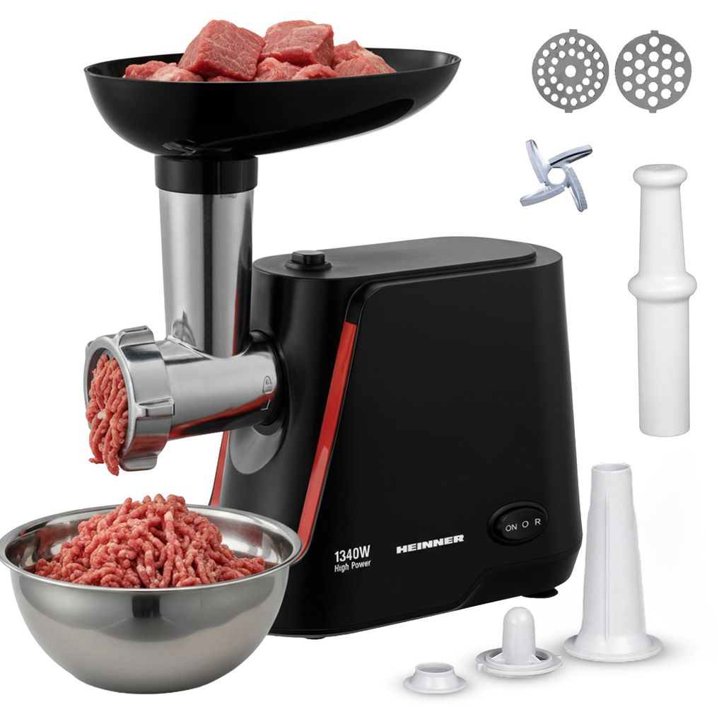 Heinner MG-1250BK Elektrische Fleischwolf, 1340W, RVS Messer, 2 Stufen, Schwarz