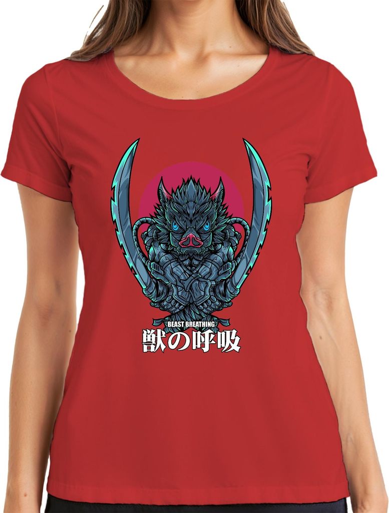 Beast Breathing Samurai Schwert Wildschwein Maske düster Damen T-Shirt, Rot, L