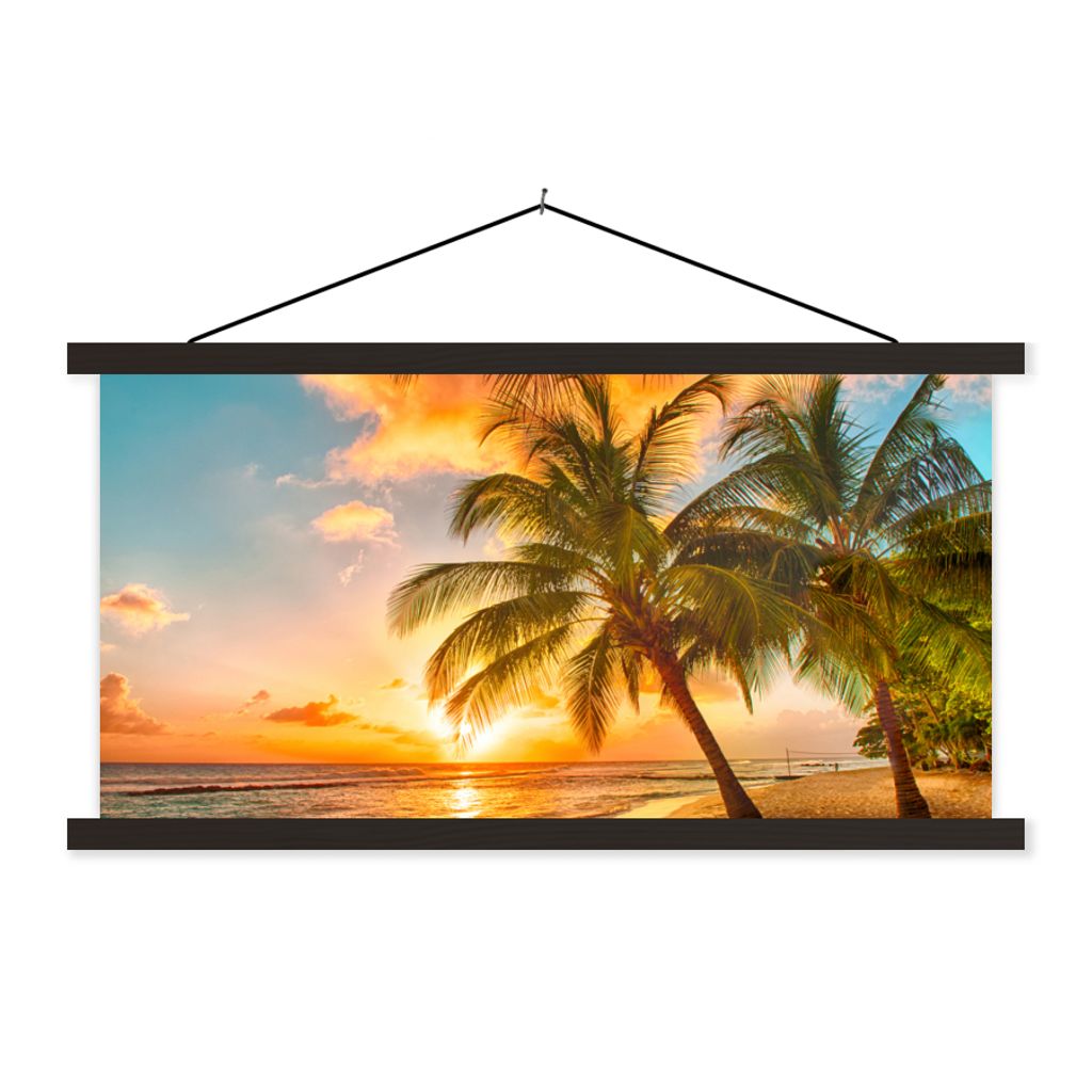 MuchoWow Textilposter Sonnenuntergang - Palme - Wolken - Meer - Strand 90x45 cm mit schwarzem Rahmen - Klemmleisten