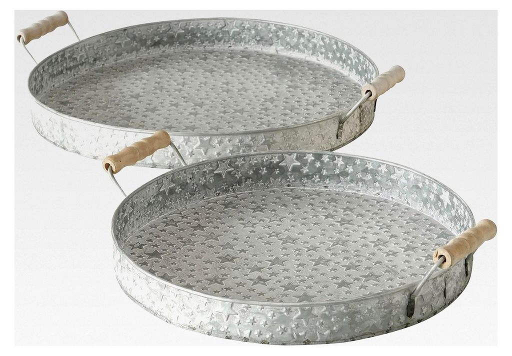 2-teiliges Set Tablett Finno rund Ø 28 cm & Ø 34 cm mit Griffen Sternendekor Servier-Tablett Silber, Schale, Deko-Teller für Esstisch, Wohnzimme...