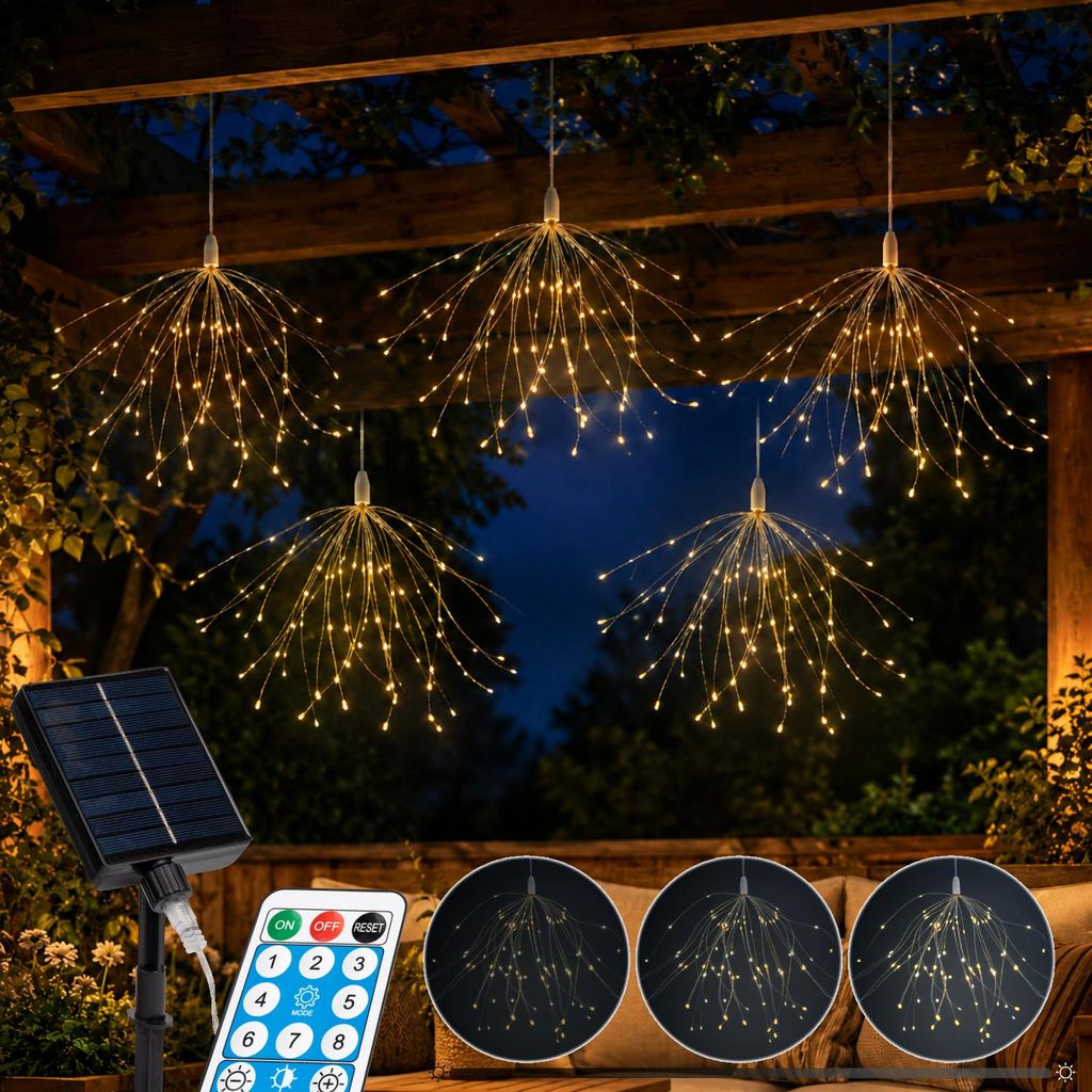 LUMILED Solar Lichterkette Außen 450 LED 5 Stück Pusteblume Feuerwerk 4m mit Fernbedienung 8 Modi Dimmbar USB C Solarpanel IP44 Warmweiß 3000K G...