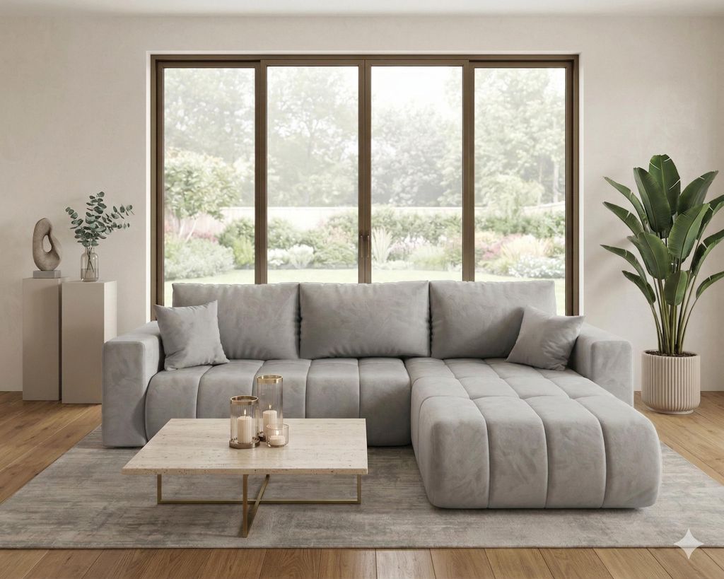 CORNERO Ecksofa LARA L-Form PREMIUM mit Schlaffunktion und Bettkasten Couch Sofa in L-Form Eckcouch Hellgrau Ottomane rechts